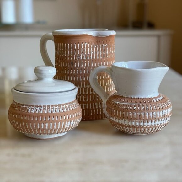 Mid Century Modern Geometric pattern White Glazed pottery set - Picture 2 of 16